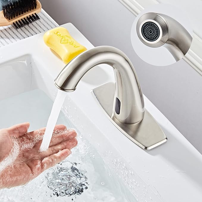 Automatic Touchless Bathroom Faucet Motion Sensor Activated Commercial Basin Sink Vantiy Hands Free Auto Infrared Mixer with Hole Cover Deck Plate Temperature Control Hot Cold Burshed Nickle