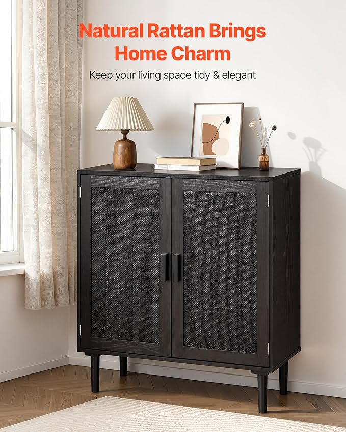 VEVOR Rattan Cabinet, Rattan Buffet Cabinet with 2 Magnetic Doors and Adjustable Shelves, Accent Sideboard Buffet with Wooden Legs & Power Cord Hole for Hallway, Entryway, Kitchen, Black