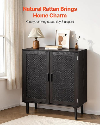 VEVOR Rattan Cabinet, Rattan Buffet Cabinet with 2 Magnetic Doors and Adjustable Shelves, Accent Sideboard Buffet with Wooden Legs & Power Cord Hole for Hallway, Entryway, Kitchen, Black