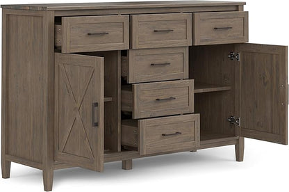 SIMPLIHOME Ela Buffet - 54 inch Wide Solid Wood 3-Door Sideboard Buffet in Smoky Brown, Transitional Storage Cabinet for Dining Room or Kitchen with Adjustable Shelves and Brushed Metal Hardware