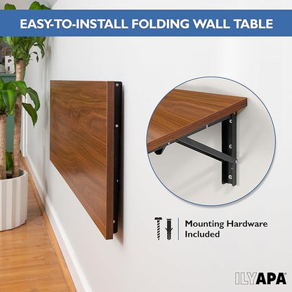 Ilyapa Wall Mounted Folding Table - 16x40 Wood Floating Desk for Wall, Laundry Folding Table - 1.5 inch Fold Down Wall Desk for Small Spaces - Mahogany
