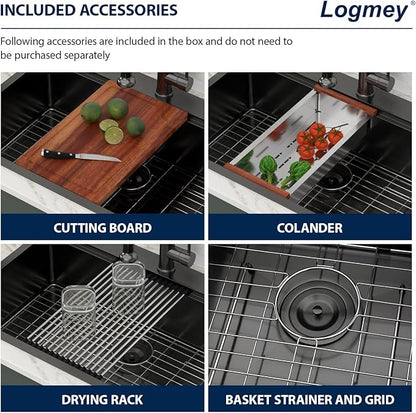 Logmey 30 Inch Drop In Kitchen Sink Workstation 30x19x9 Inch Gunmetal Black Topmount Sinks Stainless Steel 16 Gauge Overmount Kitchen Sink
