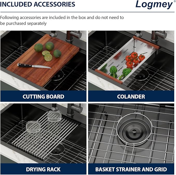 Logmey 33x22 Black Drop in Kitchen Sink 33" Topmount Kitchen Sink Workstation SUS304 16 Gauge Stainless Steel Handmade Single Bowl Top Mount Gunmetal Black Sinks,33x22x9