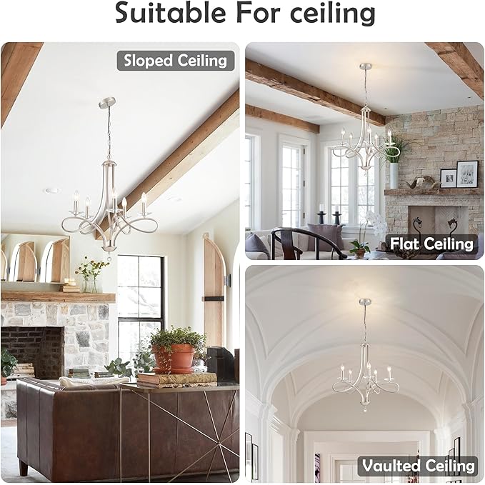 Modern Brushed Nickel Finish Chandeliers, 5-Lights Farmhouse Candle Scroll Arms Dining Room Light Fixture Industrial Ceiling Hang Light Fixture