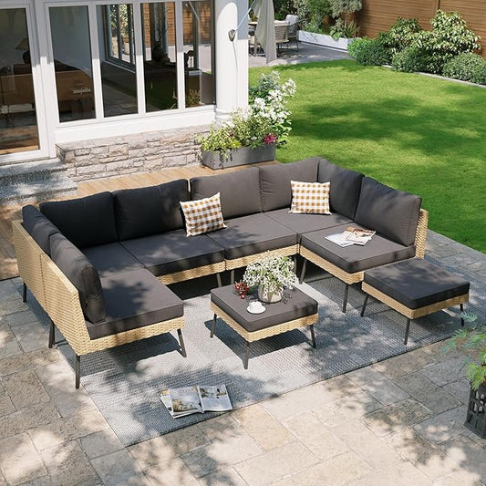 Aoxun 8-Piece Patio Furniture Set, Wicker Outdoor Furniture with Water Resistant Thick Cushions, Patio Conversation Set Outdoor Sectional Sofa with Coffee Table for Backyard Poolside, Black