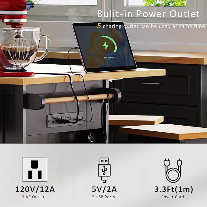 LUMISOL 53” Large Kitchen Island with 2 Bar Stools, Drop Leaf and Power Outlet, Rolling Kitchen Cart with Wheels, Door Internal Storage Rack and 5 Open Side Racks, Not Included Stools, Black