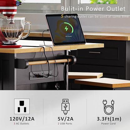 53'' Large Kitchen Island with 3 Drawers & Power Outlet & Door Internal Storage Rack & 5 Open Side Racks, Kitchen Storage Cart with 5 Wheels & Drop Leaf & 5 Open Side Racks, Black