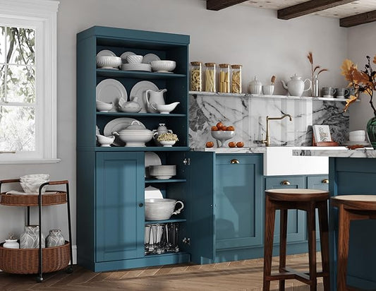 Palace Imports 100% Solid Wood Kitchen Pantry w/ 2 Wood Doors, Teal Blue, 32" w x 71.5" h, Renewable Eco-Friendly Pine, Made in Brazil