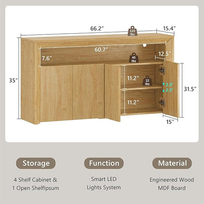 Feonase Buffet Cabinet with Storage & Led Lights, 66.2" Modern Sideboard Cabinet with 4 Doors & Shelves, Fluted Media Console Mid Century, Coffee Bar Table for Dining Room, Living Room, Kitchen, Oak