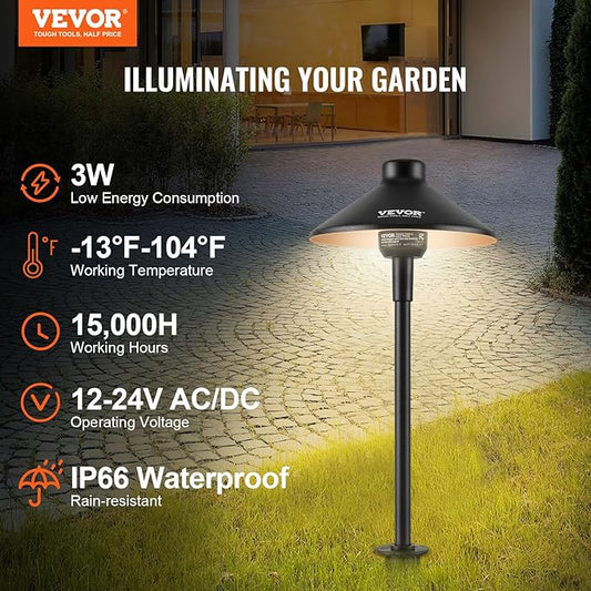 VEVOR 8 Pack Low Voltage Landscape Path Lights, 3W 210LM 12V-24VAC/DC Outdoor LED Pathway Lighting, 3000K Warm White Walkway Lights with Quick Connectors, IP66 Waterproof for Yard Garden Sidewalk