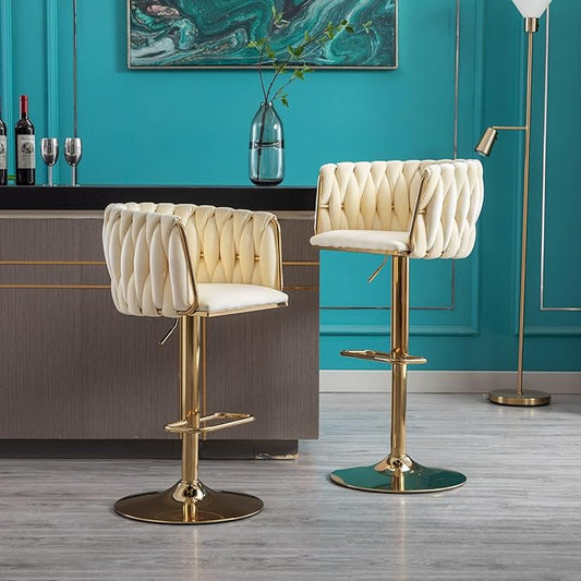 Rhomtree 24-32 Inch Swivel Bar Stools, Adjustable Counter Height Barstools with Nailheads Trim, Velvet Woven Tufted Back and Golden Footrest, Upholstered Bar Chairs Bar Kitchen Island(Ivory Set of 2)
