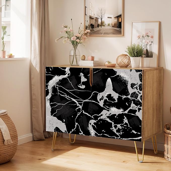 SIGNWIN Sideboard Buffet Cabinet, Kitchen Storage Cabinet with 2 Doors, Dark Black & Gray Stonewash Pattern, Cupboard Console Table for Dining Room - 35" L x 18" W x 29" H