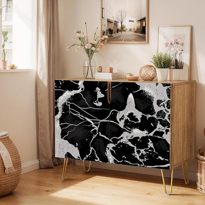SIGNWIN Sideboard Buffet Cabinet, Kitchen Storage Cabinet with 2 Doors, Dark Black & Gray Stonewash Pattern, Cupboard Console Table for Dining Room - 35" L x 18" W x 29" H