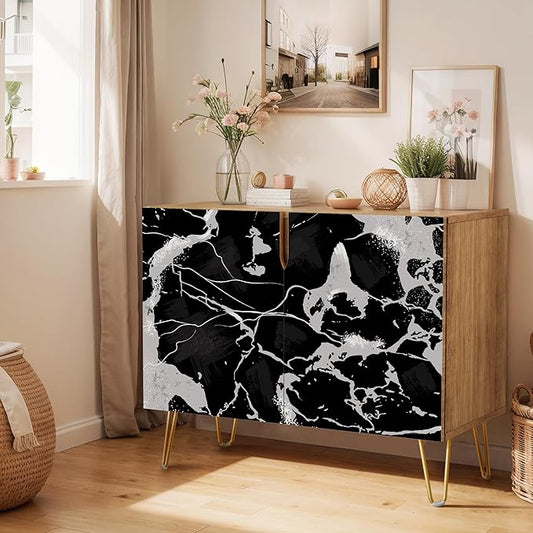 SIGNWIN Sideboard Buffet Cabinet, Kitchen Storage Cabinet with 2 Doors, Dark Black & Gray Stonewash Pattern, Cupboard Console Table for Dining Room - 35" L x 18" W x 29" H