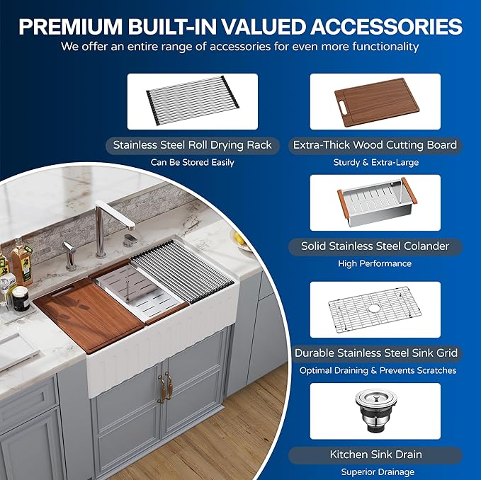30 White Farmhouse Sink Reversible Workstation, Hugsleek Undermount Farm Kitchen Sink 30x20 inch Apron Front White Porcelain Ceramic Fireclay Sinks Single Bowl Under Counter Farmer Basin Accessories