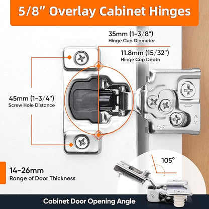 Decobasics 30 Pack Soft Close Cabinet Hinges – 5/8" Overlay for Kitchen Cabinet Doors, Face Frame Concealed Hidden Hinges – Stainless Steel, Self-Closing with 3-Way Adjustment & Slow Close Damper