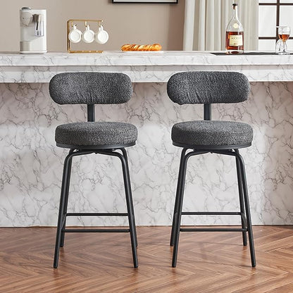 Swivel Bar Stools Set of 2, Upholstered Counter Height Bar Chairs with Metal Legs Footrest, 360° Swivel Bar stools for Kitchen Island, Dining Room, Dark Grey