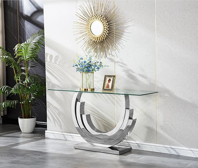 Glass Living Room Table Set of 2, Modern Glass Coffee Table with 1 Console Tables Set for Apartment, Luxury Coffee Table Sets Perfect for Living Room, Stainless Steel Frame
