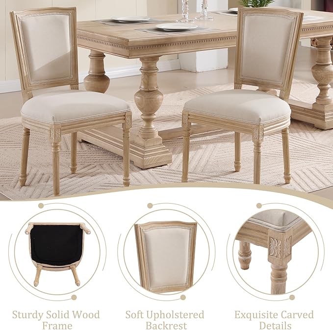 Farmhouse Vintage Dining Chairs Set of 2, Linen Fabric Dining Chairs with Square Rattan Backrest, Kitchen & Dining Room Chairs for Restaurant/Living Room (Beige-Padded, Set of 2)