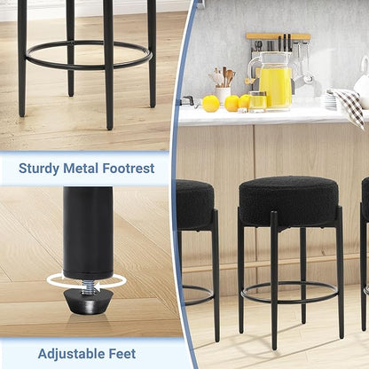 Murago Counter Height Bar Stools, Set of 2, 24" Modern Backless Bar Stools, Ideal for Kitchen Counter, Kitchen Island, Boucle Sherpa Padded Cover, with Round Soft Seat and Foot Rest, Black