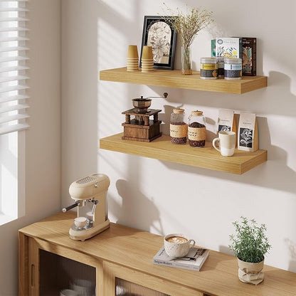 Fun Memories Floating Shelves for Wall, 30 Inch Long Floating Shelves Set of 2, 30 x 10 Wooden Shelves for Wall, Large Storage Shelves, Hanging Shelves for Bathroom Kitchen Bedroom, Oak