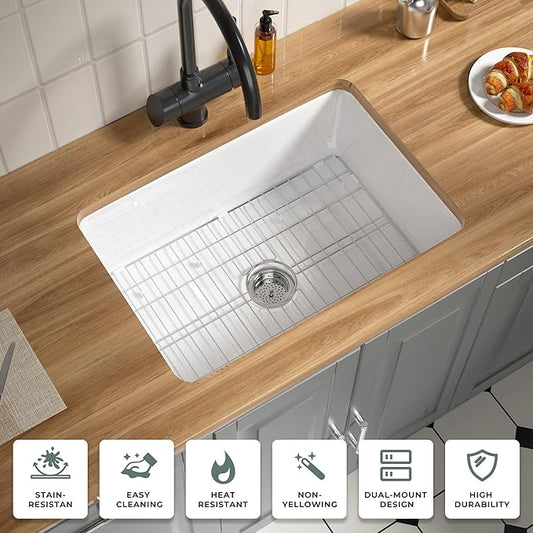 Fireclay White Undermount Kitchen Sink 27 Inch, Topmount White Undermount Laundry Sink 27''Wx19''Dx10''H Drop In Single Bowl, Heavy Duty Deep Basin, Dual Mount, for Kitchen, Island, Laundry