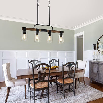 Farmhouse Dining Room Light Fixtures Over Table，Rustic Ceiling Pendant Lights Kitchen Island，4-Light Wood Kitchen Island Lighting Linear Chandelier with Clear Glass lampshade