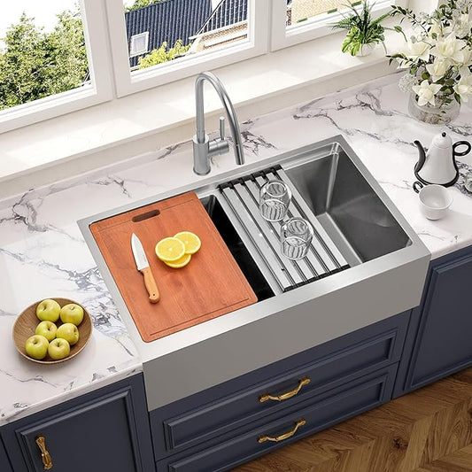 MILOSEN Farmhouse Kitchen Sink, 36''x22'' Drop-in/Undermount Double Bowl Workstation Apron Front Sink with Accessories, 50/50 Topmount Stainless Steel Farm Sinks, 10'' Large and Deep Handmade Sinks