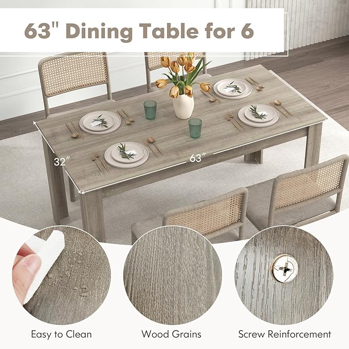 63-Inch Dining Table for 4-6 People, Rectangular Wooden Kitchen Table, L-Shaped Legs, 330 LBS Weight Capacity, Modern Farmhouse Dinette Table for Restaurant, Living Room, Family (Oak)