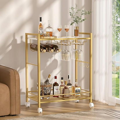 Joaxswe Bar Cart, Home Bar Serving Cart with 2-Tier Shelf,Rolling Beverage Cart with Wheels,Mobile Kitchen Shelf,Modern Wine Drink Cart with Wine Rack and Glass Holder for Kitchen,Dinning Room,Gold