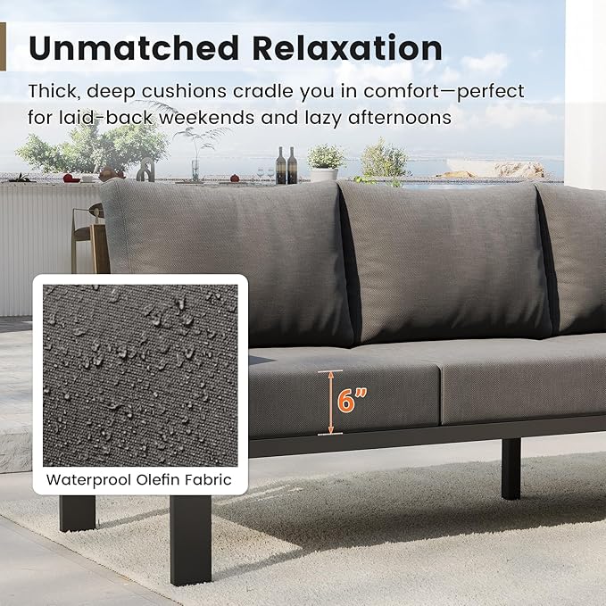 UDPATIO 6 Piece Patio Furniture Set, Metal Outdoor Sectional Sofa with 6" Thick Olefin Cushions, Wide Armrest & Coffee Table, L Shaped Outdoor Furniture for Garden, Backyard Dark Grey