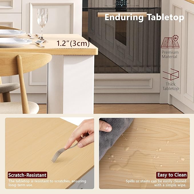 JIJIWANG 82.6" Fluted Kitchen Island with Extendable Dining Table for 4-6, Island Table for Kitchen with Power Outlet, Kitchen Table with Double-Side Storage, 2 Drawers 2 Side Open Shelves, White
