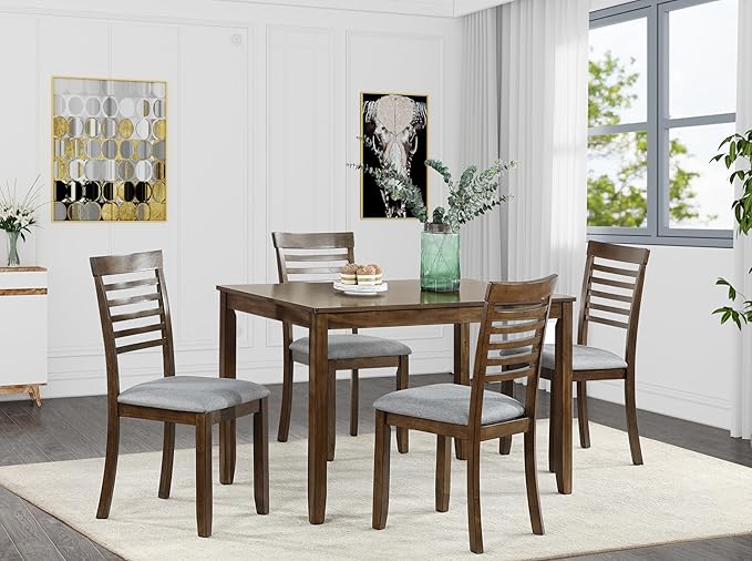 5-Piece Solid Wood Dining Table Set with 4 Upholstered Chairs, Rectangular Kitchen Table Set for 4, Modern Dining Room Table and Chairs Set of 4 for Kitchen and Dining, Walnut