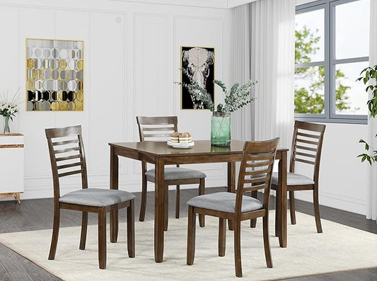 5-Piece Solid Wood Dining Table Set with 4 Upholstered Chairs, Rectangular Kitchen Table Set for 4, Modern Dining Room Table and Chairs Set of 4 for Kitchen and Dining, Walnut