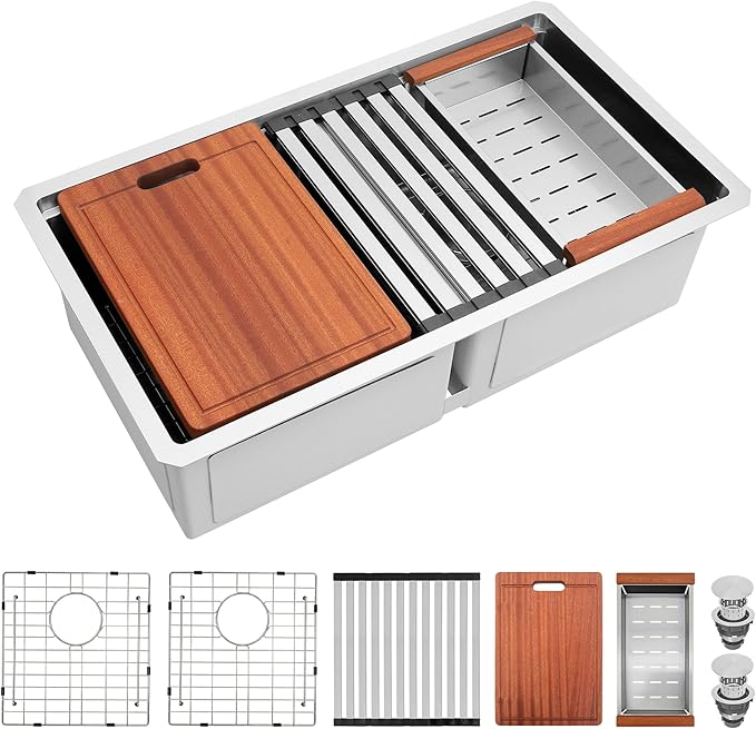 Kitsitchen Undermount Kitchen Sink, 16 Gauge T-304S Stainless Steel Workstation Sink, 50/50 Double Kitchen Sinks, 30" x 18" x 10" Large and Deep Handmade Kitchen Sinks with Accessories