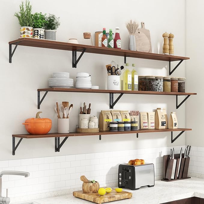 Acovy 55" Long Wall Mounted Floating Shelves,8 inch Deep Floating Shelf with Metal Brackets Set of 2,Easy-to-Install Wall Decor Storage Ledges for Living Room,Bathroom,Bedroom,Kitchen,Office,Walnut