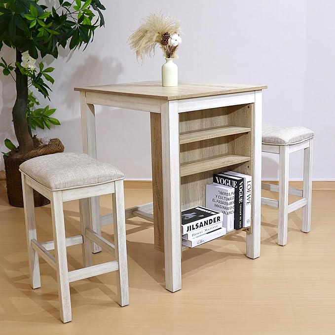 3pcs Counter Height Dining Table Set with Storage Shelves, Modern American White Oak Set for Small Spaces, Compact Kitchen Island Table 2 Chairs for Apartment Studio (Ameican White Oak)