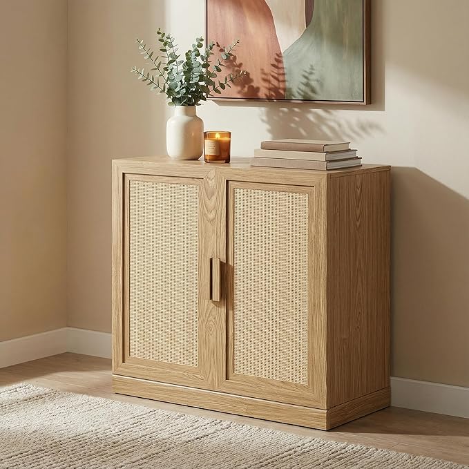 Casaphoria Adam Sideboard Buffet Cabinet with Storage, Sideboard Cabinet with Rattan Doors & Adjustable Shelves, 31" W x 31" H Coffee Bar for Entryway Kitchen Living Room, Oak