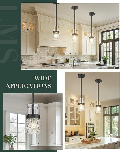 LMS Glass Pendant Lights Kitchen Island 2-Pack, Modern Black Pendant Light Set of 2 with Hammered Glass and Rods, Mini Hanging Lighting for Kitchen Island, Bathroom, Bedroom, LMS-201