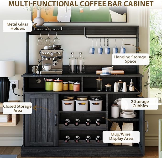 47" Farmhouse Coffee Bar Cabinet with Storage, Buffet Cabinet with Goblet Holder, 5Hooks, Power Outlets, Sideboard Cabinet Coffee Bar Table with Adjustable Shelves for Kitchen & Living Room, Grey