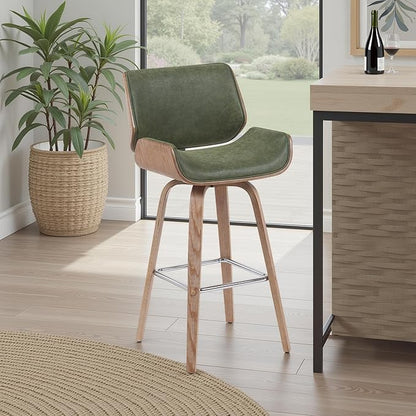 Armen Living Tyler Modern Swivel Bar Stool with White Wash Finished Wood and Vintage Green Upholstery
