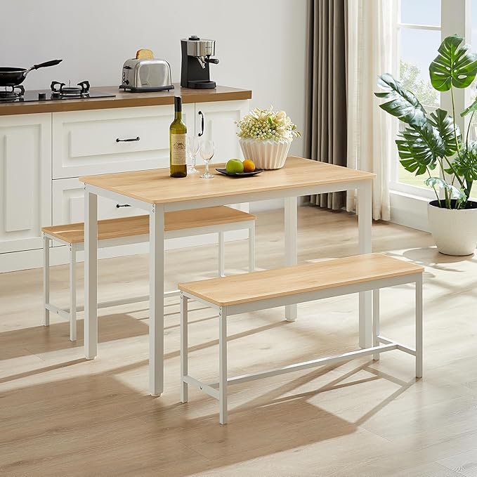 Dining Table Set for 4, Small Kitchen Set with 2 Benches, Kitchen Table with Metal Frame and Adjustable Feet, 3-Piece Dining Room Set for Breakfast Nook and Small Space, White