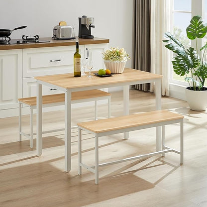 Dining Table Set for 4, Small Kitchen Set with 2 Benches, Kitchen Table with Metal Frame and Adjustable Feet, 3-Piece Dining Room Set for Breakfast Nook and Small Space, White