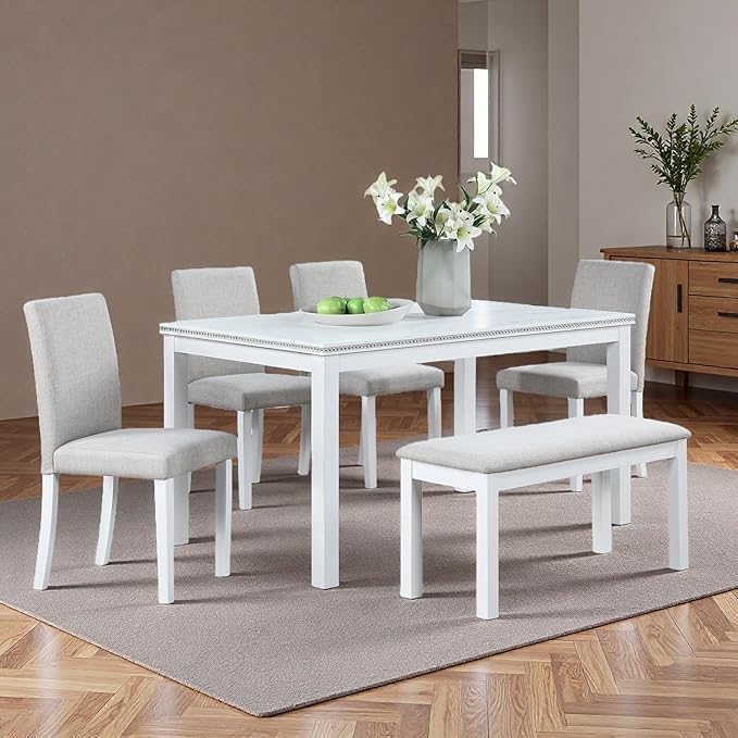 Dining Table Set for 6, 6 Piece Wooden Dining Table Set, Kitchen Furniture with Rectangular Crystal Decoration Dining Table, 4 Upholstered Chairs & Bench, Space-Efficient for Apartment, White