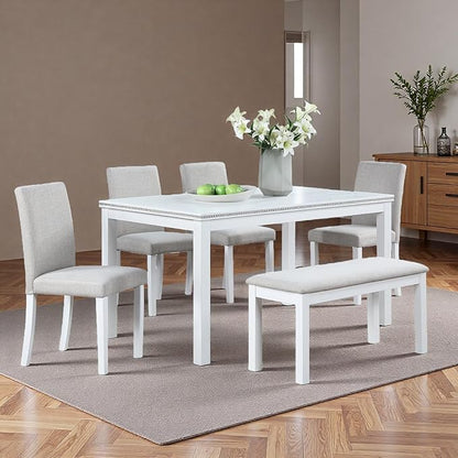 Dining Table Set for 6, 6 Piece Wooden Dining Table Set, Kitchen Furniture with Rectangular Crystal Decoration Dining Table, 4 Upholstered Chairs & Bench, Space-Efficient for Apartment, White