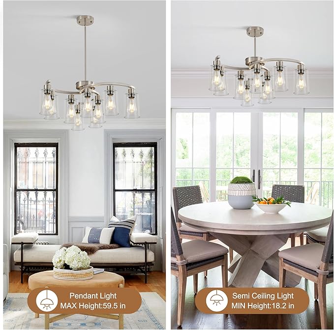 Sigaitwei 9-Light Brushed Nickel Kitchen Light Fixtures ，29.5" Large Chandeliers for Dining Room， Modern Dining Table Light Fixture，Metal Bracket Pendant Lighting with Downward Clear Glass Shade
