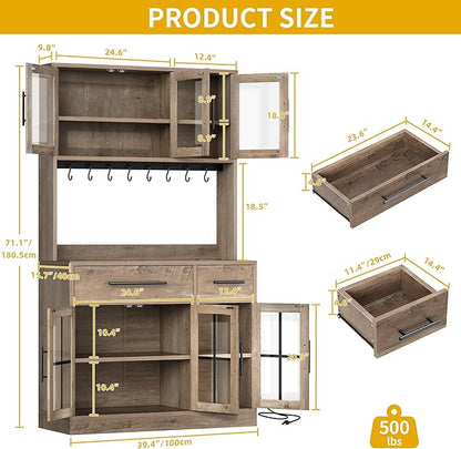 DWVO 71'' Tall Kitchen Pantry Storage Cabinet with Charge Station, Farmhouse Glass Display Food Pantry Hutch with Microwave Stand & Hooks & Drawers & Shelves for Home Living Dining Room, Lvory Grey