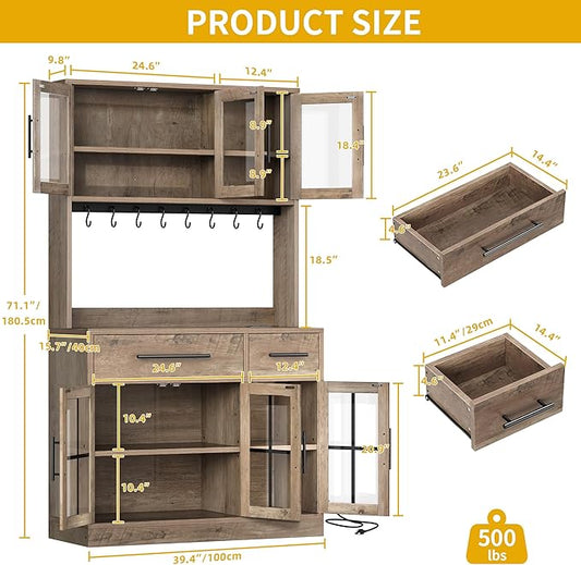 DWVO 71'' Tall Kitchen Pantry Storage Cabinet with Charge Station, Farmhouse Glass Display Food Pantry Hutch with Microwave Stand & Hooks & Drawers & Shelves for Home Living Dining Room, Lvory Grey