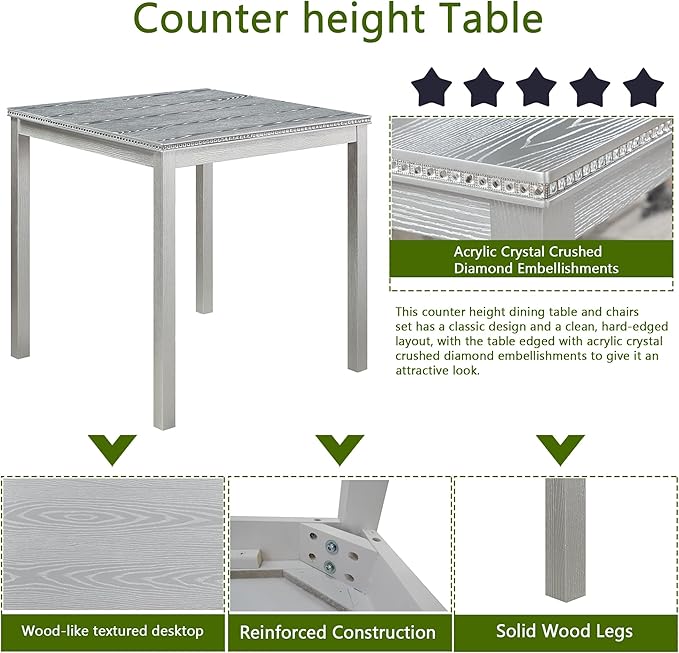 5 Piece Counter Height Table Set, Wooden Kitchen Table Set with Square Table and 4 Upholstered Chairs, Counter Height Dining Table with Crystal Decoration and Chair Set, Silver Grey