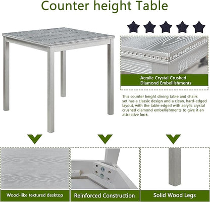 5 Piece Counter Height Table Set, Wooden Kitchen Table Set with Square Table and 4 Upholstered Chairs, Counter Height Dining Table with Crystal Decoration and Chair Set, Silver Grey
